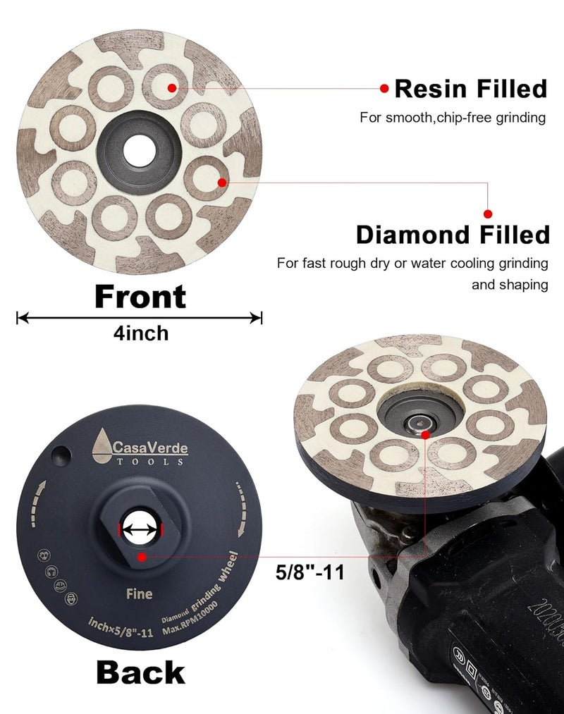 CasaVerde TOOLS 4" Flat Resin Diamond Cup Wheels，Diamond Cup Wheels with 5/8“-11 Thread for Granite，Marble and Engineered Stone - Image 3